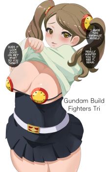 1girl bikini breasts brown_hair female_focus gundam gundam_build_fighters gundam_build_fighters_try hair_ornament highres large_breasts long_hair looking_at_viewer makoto_daikichi sazaki_kaoruko swimsuit translated twintails
