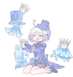 Rule 34 | 1girl, :d, ^ ^, ahoge, ascot, back bow, black ascot, black footwear, blue bow, blue gloves, blue hair, blue hat, blue jacket, blue shorts, blush, bow, brooch, closed eyes, crown, crown of insight, eyelashes, footwear bow, furina (genshin impact), genshin impact, gentilhomme usher, gloves, hair between eyes, hair intakes, hands up, happy, hat, hat bow, high heels, highres, himeko (nico6v6pachi), holding, holding crown, jacket, jewelry, lapels, long sleeves, mademoiselle crabaletta, multicolored hair, open clothes, open jacket, open mouth, shoes, short hair, short shorts, shorts, sidelocks, simple background, sitting, sleeve cuffs, smile, socks, solo, streaked hair, surintendante chevalmarin, swept bangs, thigh strap, tilted headwear, top hat, wariza, white background, white hair, white socks