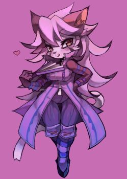 1girl animal_ears blush boots breasts cat_ears cat_girl cat_tail commentary_request curvy furry furry_female hand_fan hand_on_own_hip high_collar holding holding_fan jacket large_breasts licking_lips little_tail_bronx long_hair looking_at_viewer opera_kranz pants purple_background purple_boots purple_hair purple_jacket purple_pants purple_theme red_eyes rikose simple_background slit_pupils smile solatorobo solo straight-on tachi-e tail tongue tongue_out very_long_hair wide_hips zipper