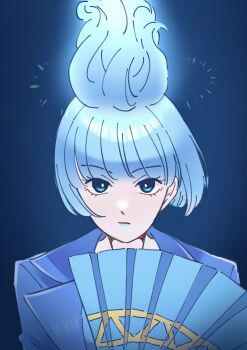 1girl absurdres animification aoiyuuna_811 blue_fire blue_lips closed_mouth disneyland fiery_hair fire formal_clothes gloves highres long_sleeves looking_at_viewer makeup ms._hades short_hair simple_background solo suit