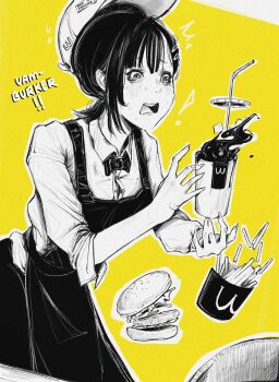 ! 1girl absurdres apron baseball_cap black_apron blush bow bowtie burger chainsaw_man collared_shirt cup disposable_cup drinking_straw dropping employee_uniform english_text failure fast_food food french_fries greyscale_with_colored_background hair_ornament hairclip hat higashiyama_kobeni highres holding mole mole_on_cheek mole_under_eye mole_under_mouth monochrome multiple_moles open_mouth ponytail shirt short_hair short_ponytail simple_background single_sidelock soda solo spill spilling surprised sweat yellow_background zyllypepper