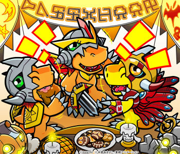 agumon agumon_(digimon_savers) boned_meat candmon chibikemo closed_eyes cookie cosplay digimon digimon_(creature) digimon_adventure digimon_next digimon_savers dinosaur eating evolutionary_line food glowing glowing_eyes gottsumon green_eyes halloween halloween_costume holding holding_sword holding_weapon horns meat mechanical_wings official_art partially_translated pumpmon reptile shinegreymon shinegreymon_(cosplay) sword translation_request victorygreymon victorygreymon_(cosplay) wargreymon wargreymon_(cosplay) weapon wings