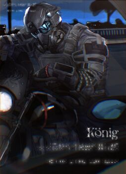1other armor breastplate call_of_duty character_name facing_viewer gas_mask glitch head_tilt helmet highres knee_up konig_(call_of_duty) mask night outdoors railing seencrow shoulder_armor sitting solo