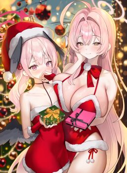 2girls ahoge alternate_costume black_wings blue_archive blush box braid breasts bridal_gauntlets closed_mouth covered_navel covering_own_mouth dress feathered_wings flat_chest flower fur_trim gift gift_box green_eyes hair_between_eyes hair_flower hair_ornament halo hanako_(blue_archive) hat head_wings highleg highleg_leotard highres holding holding_box huge_breasts hyurumari koharu_(blue_archive) leotard long_hair looking_at_viewer low_wings multiple_girls pink_eyes pink_hair pink_halo red_bridal_gauntlets red_dress red_flower red_hat red_leotard santa_costume santa_dress santa_hat santa_leotard single_braid sleeveless sleeveless_dress smile strapless strapless_dress twintails wings