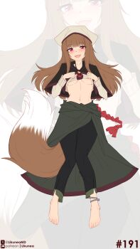 Rule 34 | 1girl, absurdres, animal ears, barefoot, black pants, blush, breasts, brown hair, clothes lift, commentary, english commentary, fang, full body, highres, holo, likunea, long hair, looking at viewer, navel, open mouth, pants, patreon logo, patreon username, shirt lift, simple background, small breasts, smile, solo, spice and wolf, stomach, tail, twitter username, twitter x logo, underboob, wolf ears, wolf girl, wolf tail, zoom layer