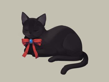 :3 absurdres animal_focus arkiwi arknights artist_name black_cat black_fur blue_gemstone bow bowtie brooch cat commentary drawn_whiskers full_body gem grey_background highres jewelry lying miss_christine_(arknights) multiple_tails no_humans red_bow red_bowtie simple_background smile symbol-only_commentary tail two_tails