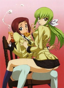 00s 2girls ashford_academy_school_uniform ass bare_shoulders blue_eyes blush body_blush breasts breasts_squeezed_together brown_eyes c.c. chair code_geass eating food grabbing_another&#039;s_breast green_hair groping juice_box kneehighs kouzuki_kallen legs long_hair long_legs medium_breasts milk miniskirt mouth_hold multiple_girls no_panties off_shoulder official_art pizza pizza_slice ponytail red_background red_hair school_uniform sexually_suggestive shiny_skin short_hair simple_background sitting sitting_on_lap sitting_on_person skirt socks spread_legs squirting_liquid straddling suggestive_fluid tabata_hisayuki thighhighs thighs yuri zettai_ryouiki