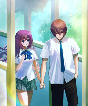 1boy 1girl a-chan_(little_busters!) absurdres arm_at_side black_pants blue_bow blue_bowtie blue_eyes blue_necktie blush bow bowtie brown_eyes brown_hair clenched_hand closed_mouth collared_shirt commentary_request couple cowboy_shot day dress_shirt eyelashes floating_hair frown green_skirt hair_between_eyes hand_up hetero highres holding_hands indoors little_busters! little_busters!_school_uniform long_hair looking_at_another looking_down miiizuno_lbs miniskirt natsume_kyousuke necktie open_mouth pants plaid_clothes plaid_skirt purple_hair rainbow school_uniform shirt short_hair short_sleeves shy side-by-side sidelighting skirt standing summer_uniform surprised tareme tears tsurime v-shaped_eyebrows very_long_hair white_shirt