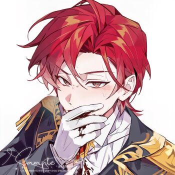 1boy black_jacket blood blood_on_clothes blush brown_eyes cale_henituse collared_shirt commentary_request covering_own_mouth gloves highres hxp0614 jacket long_sleeves looking_at_viewer lout_of_count&#039;s_family male_focus red_eyes red_hair shirt short_hair simple_background solo sweat white_background white_gloves white_shirt