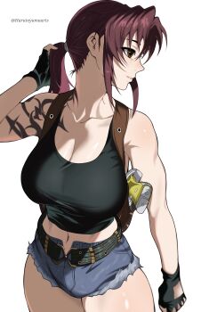 Rule 34 | 1girl, absurdres, arm tattoo, belt, black belt, black gloves, black lagoon, black tank top, blue shorts, breasts, brown eyes, brown hair, cleavage, collarbone, cowboy shot, crop top, cutoffs, denim, denim shorts, facing viewer, gloves, gun, hair intakes, handgun, harutoyumaarts, highres, holster, interracial, large breasts, looking to the side, midriff, navel, ponytail, revy (black lagoon), short shorts, shorts, shoulder holster, simple background, solo, tank top, tattoo, weapon, white background