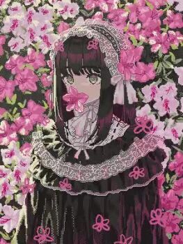 1girl animated black_hair blinking bow bowtie capelet dithering dress flower flower_in_mouth gothic_lolita gown hairband hime_cut koh_(user_kpcu7748) lace lolita_fashion lolita_hairband looping_animation lowres original pixel_art pointy_ears solo tagme upper_body video white_bow white_bowtie