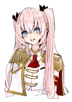 1girl aiguillette altea_alessandrini artist_name ascot assault_lily black_ribbon blue_eyes blush capelet commentary_request cropped_arms cropped_torso dated epaulettes grin hair_between_eyes hair_ribbon highres jacket long_hair long_sleeves looking_at_viewer mole mole_above_mouth mole_under_each_eye mole_under_eye mole_under_mouth multiple_moles parted_lips pink_hair red_ascot red_capelet ribbon sally_(allogkk) simple_background smile solo twintails two-sided_capelet upper_body white_background white_jacket