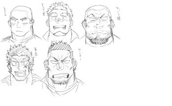 5boys :d =_= bandaid bandaid_on_face bandaid_on_nose bara clenched_teeth earrings facial_hair facial_scar fangs frown goatee greyscale highres jewelry male_focus monochrome multiple_boys nose open_mouth original scar scar_on_cheek scar_on_face shaved_head simple_background single_earring sketch smile spiked_hair stubble teeth thick_eyebrows thick_neck translation_request white_background yakisoba_ohmori