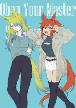 2girls absurdres animal_ears aqua_shirt black_pants blonde_hair blue_background blue_eyes blue_hair boots brown_eyes character_request cleavage_cutout clothing_cutout coat commentary_request ear_chain ear_piercing earrings gradient_hair grey_coat hair_over_one_eye highres horse_ears horse_girl horse_tail jewelry kuzumi_taiyou linked_piercing long_hair long_sleeves midriff multicolored_hair multiple_girls navel necklace obey_your_master_(umamusume) one_eye_closed open_mouth pants piercing shirt shorts simple_background star-shaped_pupils star_(symbol) symbol-shaped_pupils tail thigh_boots two-tone_hair two_side_up umamusume umamusume:_cinderella_gray v white_shorts yellow_nails