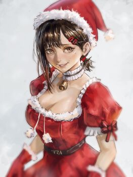 1girl absurdres bell belt bow bowtie breasts brown_eyes brown_hair chainsaw_man cleavage collar commentary dress english_commentary frilled_collar frilled_sleeves frills fur-trimmed_dress fur-trimmed_gloves fur_trim gloves hair_ornament hairclip hat higashiyama_kobeni highres idaero_ace mole mole_on_cheek mole_under_eye mole_under_mouth multiple_hair_clips multiple_moles neck_bell ponytail ponytail_holder red_dress red_gloves santa_hat short_ponytail simple_background solo white_background