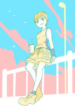 1girl against_railing commentary_request cup drink drinking_straw full_body grin hanada_hyou holding holding_cup holding_drink huang_pao-lin lamppost leaning limited_palette railing reverse_trap shoes short_hair shorts smile socks solo tank_top teeth tiger_&amp;_bunny very_short_hair