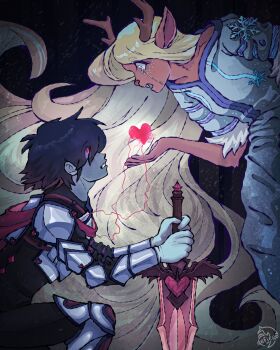 Rule 34 | 1girl, 1other, absurdres, animal ears, antlers, armor, artist logo, artist name, black unitard, blonde hair, blue eyes, cape, commentary, crying, crying with eyes open, deer antlers, deer ears, deer girl, defjeep, deltarune, english commentary, heart, highres, holding, holding sword, holding weapon, horns, knee armor, kris (dark world) (deltarune), kris (deltarune), logo, long hair, noelle holiday, noelle holiday (dark world), open mouth, red cape, red eyes, short hair, shoulder armor, snowflakes, soul (deltarune), sword, tears, utdr (toby fox), very long hair, weapon