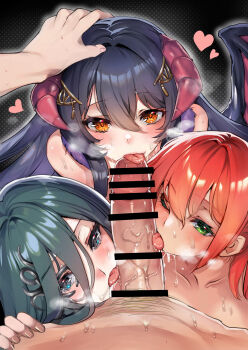 1boy 3girls bar_censor black_hair censored collarbone commentary_request commission cooperative_fellatio demon_girl demon_horns demon_wings erection fellatio green_eyes green_hair group_sex hair_between_eyes hand_on_another's_head harem heart hetero highres horns large_penis licking licking_penis lirshana long_hair_between_eyes looking_at_viewer maou_no_hajimekata multiple_girls one_eye_closed oral orange_eyes penis pov pov_crotch pov_hands red_hair skeb_commission spina_(maou_no_hajimekata) takayama_dan teamwork_(sexual) tongue tongue_out veins veiny_penis wings yunisfinia_meredith_le_ella_grandiera