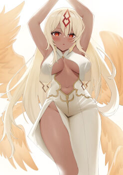 1girl absurdres arms_up azur_lane breast_curtains breasts commentary dark-skinned_female dark_skin dress feathered_wings feet_out_of_frame highres long_hair looking_at_viewer medium_breasts multiple_wings navel neruki_(ntme) red_eyes sao_martinho_(azur_lane) simple_background solo white_background white_dress white_hair wings