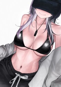 1girl baseball_cap bikini bikini_top_only black_bikini black_hair black_hat black_pants breasts closed_mouth grey_hair grey_jacket hat highres hololive hololive_english jacket jewelry large_breasts long_hair multicolored_hair navel necklace pants shiori_novella simple_background smile solo sweatpants swimsuit two-tone_hair unmeidesu virtual_youtuber white_background