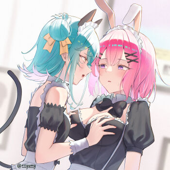 2girls absurdres after_kiss amaori_renako animal_ears apron aqua_hair bare_shoulders black_bow black_bowtie black_dress blush bow bowtie breasts cat_ears cat_tail cleavage commentary detached_collar detached_sleeves dress eye_contact fake_tail fang frilled_sleeves frills grabbing_another's_breast groping hair_bun hair_ornament hairclip highres koyanagi_kaho looking_at_another maid maid_apron maid_headdress medium_hair multiple_girls parallel_hairclips parted_lips pink_hair purple_eyes rabbit_ears ribbon riiyumy saliva saliva_trail sidelocks skin_fang sweatdrop tail twitter_username watashi_ga_koibito_ni_nareru_wake_naijan_murimuri! white_apron x_hair_ornament yellow_eyes yellow_ribbon yuri