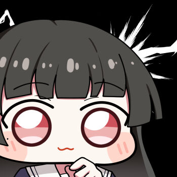 1girl black_background black_hair chibi chibi_only chisa_(wuthering_waves) closed_mouth commentary long_hair looking_at_viewer mole mole_under_eye newtype_flash portrait red_eyes sailor_collar simple_background solo symbol-only_commentary twomoon white_sailor_collar wuthering_waves