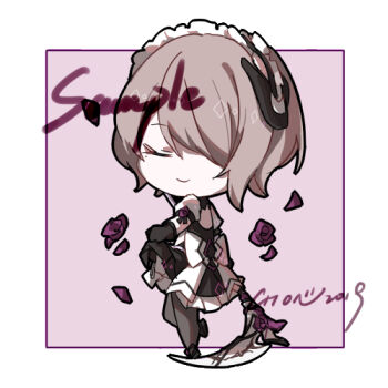 Rule 34 | 1girl, black dress, black pantyhose, black shoes, brown hair, chibi, chon (klliaytong), closed eyes, closed mouth, commentary request, dress, full body, holding, holding scythe, holding weapon, honkai (series), honkai impact 3rd, lowres, maid, maid headdress, mole, mole under eye, pantyhose, purple background, rita rossweisse, rita rossweisse (umbral rose), sample watermark, scythe, shoes, short hair, smile, solo, watermark, weapon