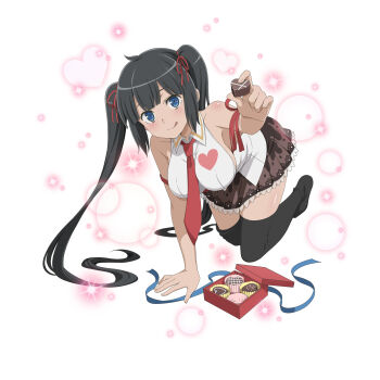 1girl :q absurdres anime_coloring arm_support bare_shoulders black_hair black_thighhighs blue_eyes blunt_bangs box box_of_chocolates breasts brown_skirt candy chocolate chocolate_heart collared_shirt danmachi_memoria_freese dungeon_ni_deai_wo_motomeru_no_wa_machigatteiru_darou_ka feeding food full_body hair_ribbon hand_up heart heart-shaped_food hestia_(danmachi) highres holding holding_chocolate holding_food incoming_food kneeling large_breasts light_blush long_hair looking_at_viewer necktie official_alternate_costume official_art red_necktie red_ribbon ribbon shirt sidelocks skirt smile solo thighhighs third-party_source tongue tongue_out twintails valentine vest white_background white_shirt white_vest