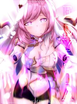 1girl black_shorts breasts character_name cleavage commentary corset diamond-shaped_pupils diamond_(shape) elf elysia_(herrscher_of_human:_ego)_(honkai_impact) elysia_(honkai_impact) english_commentary gloves honkai_(series) honkai_impact_3rd large_breasts long_hair looking_at_viewer meluluko multicolored_hair pink_hair pointy_ears purple_eyes reaching reaching_towards_viewer short_shorts shorts smile solo symbol-shaped_pupils triquetra two-tone_hair very_long_hair white_corset white_gloves white_hair