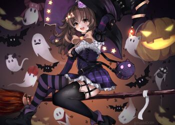 1girl alternate_costume asymmetrical_legwear bat_(animal) blob broom broom_riding brown_eyes brown_hair centi_(nimu) ghost hair_ornament halloween halloween_costume hat indie_virtual_youtuber jack-o&#039;-lantern long_hair nimu_(vtuber) puffy_short_sleeves puffy_sleeves pumpkin short_sleeves skirt smile solo star_(symbol) star_hair_ornament striped_clothes striped_thighhighs thighhighs virtual_youtuber witch witch_hat yubbiidraw