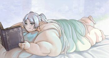 Rule 34 | 1girl, alternate body size, bed, bed sheet, book, camisole, commentary, double chin, earrings, elf, fat, fat woman, floating earrings, frieren, green camisole, green eyes, highres, holding, holding book, jewelry, long hair, looking at viewer, lying, obese, on bed, on stomach, open book, parted bangs, pillow, pointy ears, presiart, reading, solo, sousou no frieren, sweatdrop, symbol-only commentary, teardrop earrings, thick arms, toes, twintails, weight gain, white background, white hair