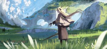 Rule 34 | 1girl, artist name, asteroid ill, blonde hair, commentary request, day, field, floating hair, from side, full body, grass, grey cloak, grey skirt, hand up, highres, long hair, looking at viewer, looking to the side, original, outdoors, profile, scenery, sideways glance, skirt, solo, standing