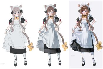 Rule 34 | 1girl, absurdres, alternate costume, animal ears, apron, artist progress, black collar, black dress, black sleeves, blue eyes, blush, bonnet, bow, bowtie, breasts, brown hair, cat ears, cat girl, cat tail, cleavage, closed mouth, collar, commentary, dress, egobj4, english commentary, enmaided, frilled apron, frills, gem, genshin impact, hair bow, hand on own hip, headdress, highres, holding apron, kemonomimi mode, long sidelocks, looking at viewer, maid, maid apron, maid headdress, multiple hair bows, puffy short sleeves, puffy sleeves, red gem, sandrone (genshin impact), short hair, short hair with long locks, short sleeves, sidelocks, simple background, solo, tail, tail bow, tail ornament, white apron, wrist cuffs