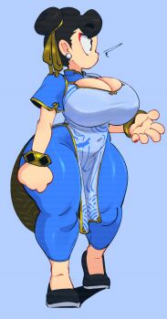 1girl bracelet breasts brown_hair capcom china_dress chinese_clothes chun-li curvy double_bun dress eyeliner flats hair_bun highres huge_breasts jellot jewelry makeup scanlines solo street_fighter street_fighter_6 thick_thighs thighs wide_hips