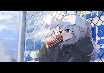 1girl absurdres baseball_cap black_scarf blue_archive blue_sky building can cityscape day energy_drink green_eyes green_halo green_jacket grey_hair halo hare_(blue_archive) hare_(camp)_(blue_archive) hat highres holding holding_can jacket long_hair long_sleeves minibi_(minibeat) monster_energy official_alternate_costume outdoors ponytail scarf sky snow solo white_hat