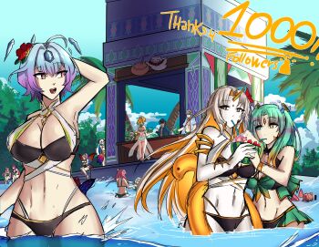 6+girls absurdres alternate_costume aqua_hair arm_up bikini black_bikini bob_cut breasts cleavage colored_inner_hair drinking_straw fire_emblem fire_emblem_heroes fjorm_(fire_emblem) fjorm_(summer)_(fire_emblem) flower freyja_(fire_emblem) freyja_(summer)_(fire_emblem) green_hair grey_hair gullveig_(fire_emblem) gullveig_(summer)_(fire_emblem) gunnthra_(fire_emblem) gunnthra_(summer)_(fire_emblem) hair_flower hair_ornament heidr_(fire_emblem) highres horns hrid_(fire_emblem) hrid_(summer)_(fire_emblem) innertube large_breasts long_hair ludook medium_breasts multicolored_hair multiple_girls nerthuz_(fire_emblem) nerthuz_(summer)_(fire_emblem) nintendo official_alternate_costume olivia_(fire_emblem) olivia_(summer)_(fire_emblem) open_mouth plumeria_(fire_emblem) plumeria_(summer)_(fire_emblem) purple_hair seidr_(fire_emblem) seidr_(summer)_(fire_emblem) stomach swim_ring swimsuit two-tone_hair white_bikini yellow_horns ylgr_(fire_emblem) ylgr_(summer)_(fire_emblem)