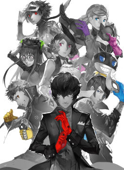 10s 3boys 4girls amamiya_ren black_hair blue_eyes blue_gloves bodysuit braid breasts cat cleavage club3 commentary_request crown_braid fox_(persona_5) fox_mask glasses gloves goggles goggles_on_head green_gloves hat highres joker_(persona_5) kitagawa_yuusuke large_breasts limited_palette long_hair looking_at_viewer mascot mask medium_breasts monochrome morgana_(persona_5) multiple_boys multiple_girls niijima_makoto noir_(persona_5) okumura_haru oracle_(persona_5) panther_(persona_5) persona persona_5 pink_gloves purple_eyes purple_gloves queen_(persona_5) red_eyes red_gloves sakamoto_ryuuji sakura_futaba short_hair simple_background skull_(persona_5) smile spot_color takamaki_anne twintails white_background yellow_gloves