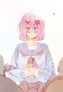 Rule 34 | 6+girls, amaori haruna, amaori renako, blonde hair, blue shirt, blush, brown hair, commentary request, falling petals, gift, hair bun, highres, holding, holding gift, koto satsuki, koyanagi kaho, medium hair, mou liang, multiple girls, neckerchief, ouzuka mai, petals, pink hair, purple eyes, red neckerchief, school uniform, sena ajisai, serafuku, shirt, simple background, single side bun, sweat, watashi ga koibito ni nareru wake naijan murimuri!, white background