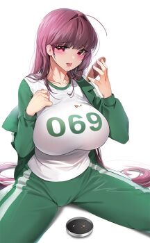 1girl blush breasts candy damda fate/grand_order fate_(series) food gym_uniform hair_intakes jacket large_breasts licking long_hair looking_at_viewer pants red_eyes scathach_(fate) solo sportswear spread_legs squid_game sweat track_jacket track_pants track_suit