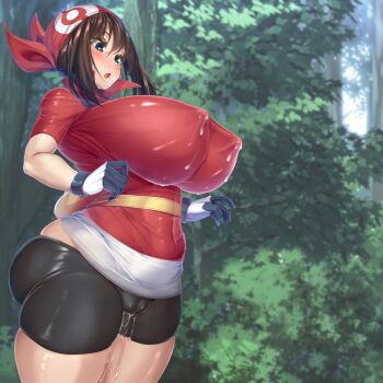 1girl alternate_breast_size_(larger) ass bandana bike_shorts black_shorts blue_eyes blush breasts brown_hair cameltoe covered_erect_nipples curvy fanny_pack female_focus forest gloves highres huge_breasts kawahagitei lactation lactation_through_clothes may_(pokemon) nature nintendo no_bra no_panties open_mouth outdoors pants pokemon pokemon_rse pussy_juice pussy_juice_drip_through_clothes pussy_juice_trail red_bandana red_shirt shirt short_sleeves shorts skindentation solo sweatdrop thick_thighs thighs tight_clothes tight_pants