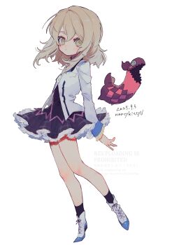 1girl absurdres alternate_color alternate_hairstyle artist_name black_shirt black_socks blazer blonde_hair blue_necktie blue_wrist_cuffs blush boots checkered_clothes checkered_skirt collared_shirt commentary_request creature dated elize_lutus frilled_skirt frilled_sleeves frills full_body green_eyes hair_between_eyes highres jacket knee_blush long_sleeves medium_hair nancykittyu necktie parted_lips shirt simple_background skirt socks solo tales_of_(series) tales_of_xillia tales_of_xillia_2 teepo_(tales) white_background white_jacket wrist_cuffs