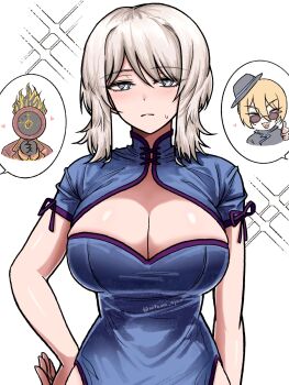 1girl alternate_costume blue_dress blue_eyes breasts china_dress chinese_clothes cinq_association_east_uniform cleavage closed_mouth commentary dante_(limbus_company) don_quixote_(project_moon) dress faust_(project_moon) hand_on_own_hip highres large_breasts light_blush limbus_company looking_at_viewer medium_hair mitama_nyan project_moon purple_trim simple_background sparkle spoken_character standing sweatdrop symbol-only_commentary white_background white_hair