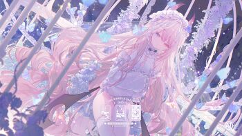 Rule 34 | 1girl, bare shoulders, blue eyes, bug, butterfly, commentary, commission, cowboy shot, flower, heterochromia, highres, horns, insect, leotard, long hair, maid headdress, original, pink eyes, pink hair, pink horns, rose, sitting, symbol-only commentary, thighhighs, umehara sei, white flower, white leotard, white rose, white thighhighs