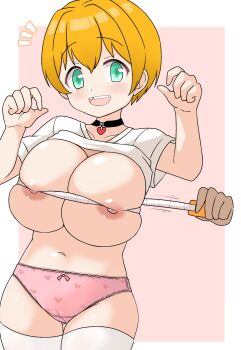 1girl :d black_choker blonde_hair bow bow_panties breasts bust_measuring choker clothes_lift commentary commentary_request commission cowboy_shot english_commentary freckles green_eyes hands_up heart heart_panties heart_pendant heart_print highres honey_(raspberry_puff) large_breasts measuring missing_tooth mixed-language_commentary nipples no_bra notice_lines open_mouth oppai_loli original panties pendant_choker petsuo_(penpen) pink_panties print_panties raised_eyebrows shirt shirt_lift short_hair short_sleeves skeb_commission skindentation smile solo t-shirt tape_measure thighhighs underwear white_shirt white_thighhighs