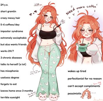 1girl absurdres aeryarts artist_self-insert breasts character_age cleavage cropped_shirt english_text eyelashes full_body glasses highres holding large_breasts long_hair long_sleeves looking_at_viewer meme messy_hair midriff navel open_mouth orange_hair original pajama_pants pants round_eyewear shirt shrek_(series) simple_background smile stylus white_background women_on_twitter_(meme)