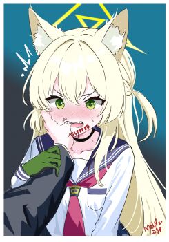 1boy 1girl ^^^ angry animal_ear_fluff animal_ears artist_name biting biting_another&#039;s_finger black_choker blonde_hair blue_archive blue_background blue_sailor_collar blush border choker commentary english_commentary fangs finger_in_another&#039;s_mouth fox_ears fox_girl gloves gradient_background green_eyes green_gloves hair_between_eyes halo hand_up highres kurumi_(blue_archive) long_hair long_sleeves looking_at_viewer melissa_v2 neckerchief nose_blush open_mouth pov pov_hands red_neckerchief sailor_collar school_uniform sensei_(blue_archive) serafuku shirt sidelocks signature simple_background solo_focus sweat teeth two_side_up upper_body v-shaped_eyebrows very_long_hair white_border white_shirt yellow_halo