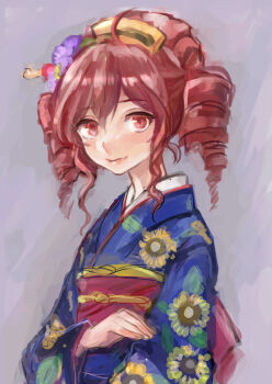 1girl ahoge blue_kimono closed_mouth commentary_request drill_hair floral_print grey_background japanese_clothes kasane_teto kedama_black kimono long_sleeves obi print_kimono red_eyes red_hair red_sash sash solo sunflower_print twin_drills upper_body utau yoshiwara_lament_(utau)