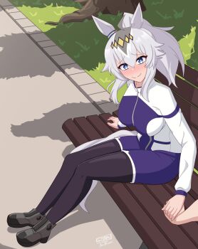 1girl absurdres ahoge animal_ears blue_eyes blush bow breasts closed_mouth commentary ear_ornament ear_ribbon english_commentary grey_hair grey_tail gym_shirt gym_shorts hair_between_eyes hair_ornament hairband highres holding holding_hands horse_ears horse_girl horse_tail jacket julian_belkan kasamatsu_tracen_training_uniform long_hair long_sleeves looking_at_viewer multicolored_hair multicolored_jacket oguri_cap_(umamusume) pants purple_jacket purple_pants purple_track_suit race_bib shirt shorts smile solo tail track_jacket track_pants track_suit two-tone_jacket umamusume umamusume:_cinderella_gray