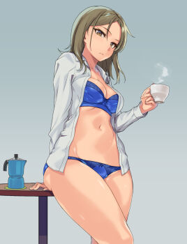 1girl ass blue_bra blue_panties bra breasts brown_eyes brown_hair cleavage coffee_pot cup female_focus long_hair looking_at_viewer mole mole_under_eye navel open_clothes original panties sajittari solo steam underwear