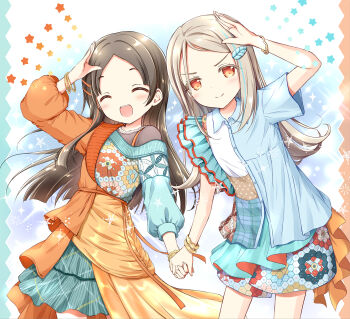 Rule 34 | >:(, 2girls, :d, ^ ^, arm up, bangle, blue shirt, blue sweater, bracelet, brown hair, closed eyes, closed mouth, collared shirt, colored eyelashes, commentary request, dress, dress shirt, forehead, gakuen idolmaster, hair ornament, hairclip, highres, holding hands, idolmaster, jewelry, kuramoto china, long hair, long sleeves, michinaru hirogaru (idolmaster), multiple girls, nanase miori, open mouth, orange dress, parted bangs, puffy long sleeves, puffy sleeves, red eyes, shinosawa hiro, shirt, short sleeves, smile, star (symbol), sweater, v-shaped eyebrows, very long hair, white shirt